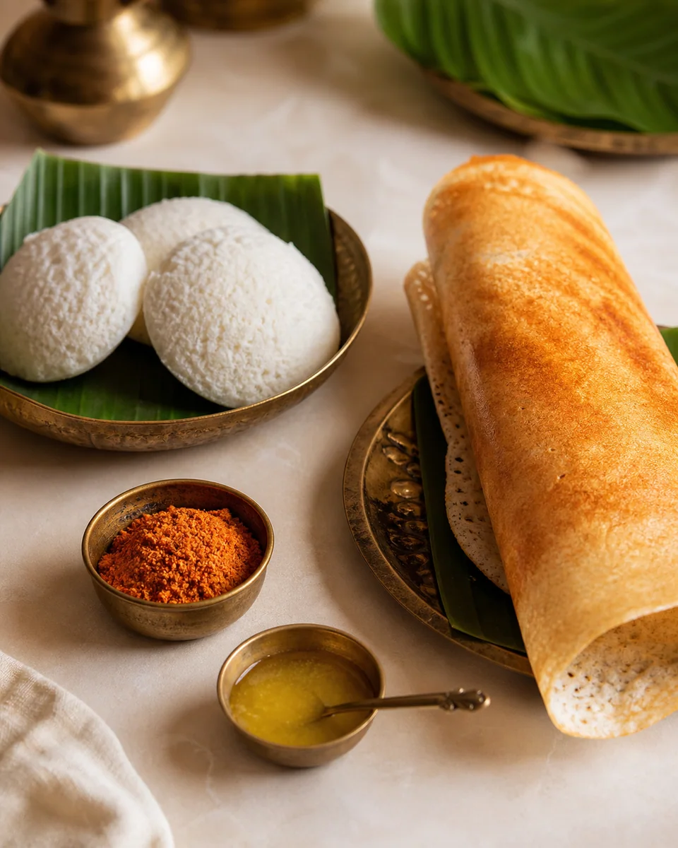 Dosa and idli with chutney pudi