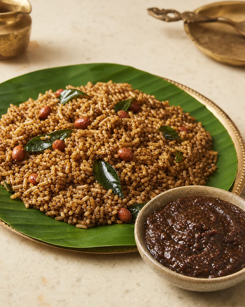 Puliyogare with peanuts and curry leaves