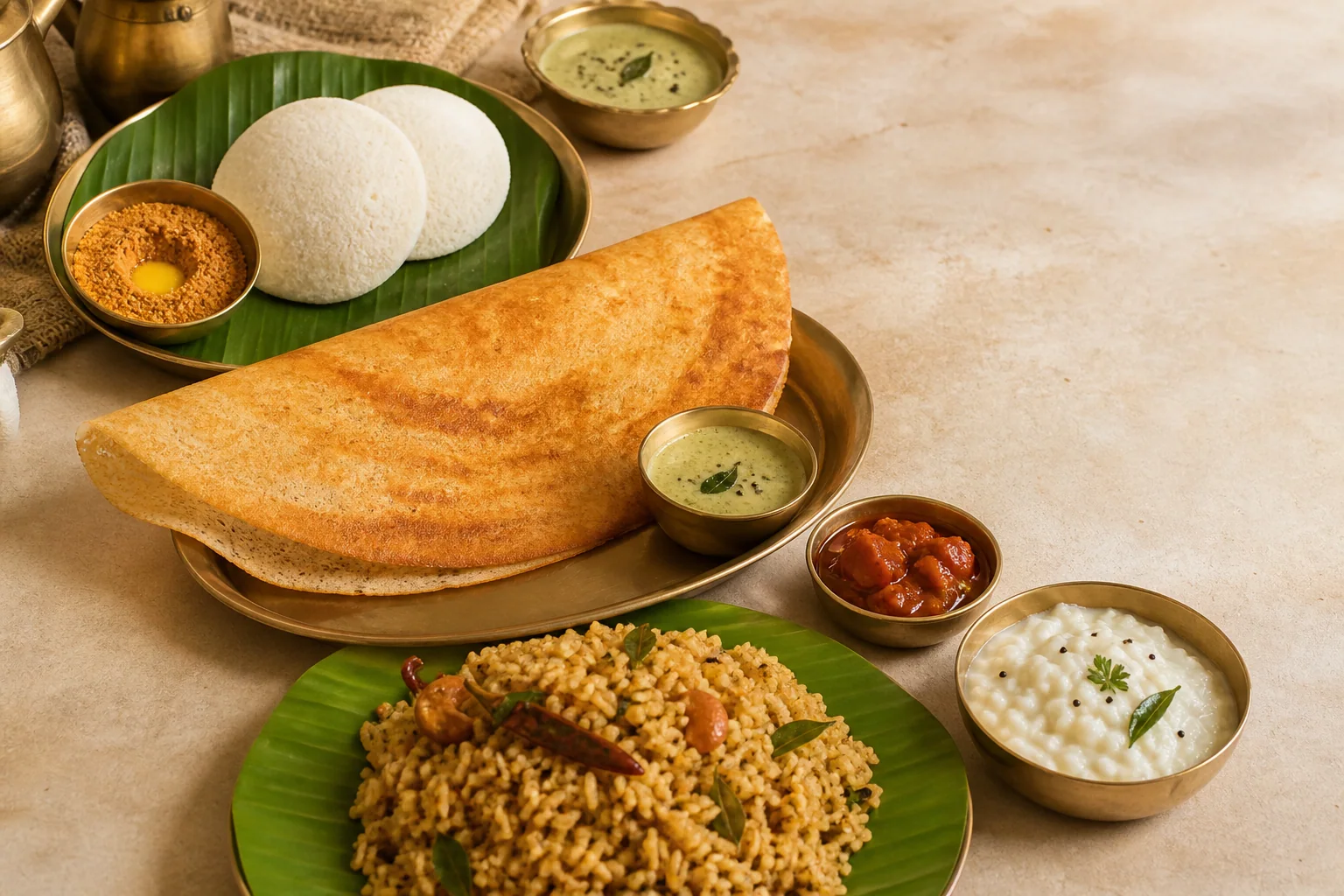 Idli, dosa, puliyogare, curd rice and mango pickle arranged on a traditional table